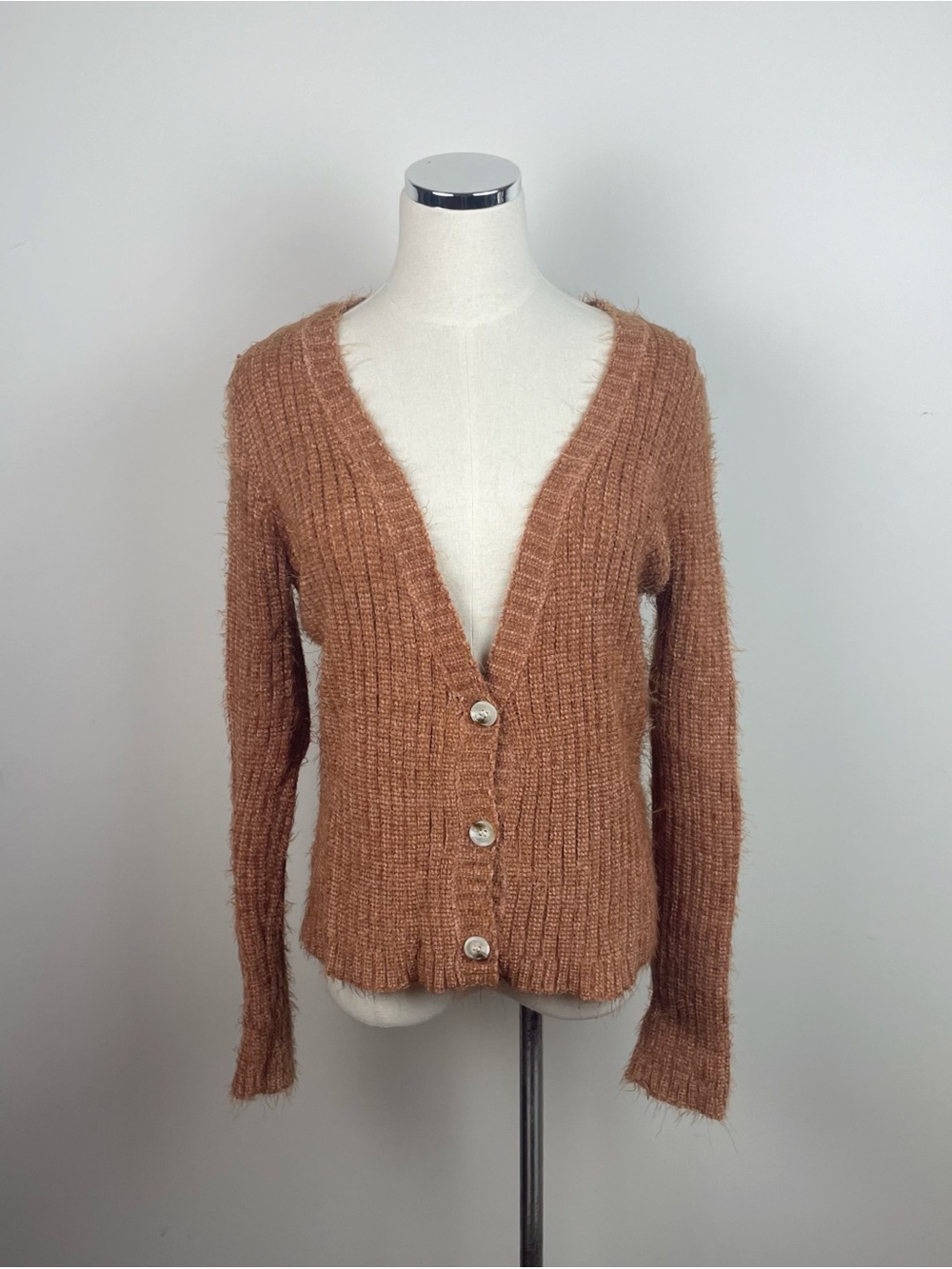 Sadie & Sage Brown Fuzzy Button Front Cardigan Sweater Women Large